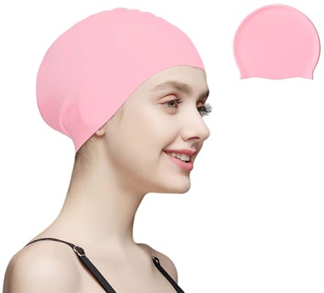 Dinghaole Badmössa med långt hår, lämplig för vuxna och barn, män och kvinnor, bekväm och elastisk, silikon vattentät och halkfri, håller håret torrt (rosa)