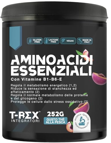 EAA Aminoacidi Essenziali con mix di vitamine B1, B6 ed E - Integratore di amminoacidi naturali vegan ottenuti da fermentazione T-Rex Integratori (The alla Pesca, Polvere)