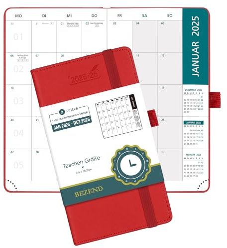 BEZEND 2 Jahres Kalender 2025 2026, Terminplaner 16,8 x 9,7 cm, 1 Monat auf 2 seiten von Jan 2025 bis Dez 2026, PU-Leder Hardcover Monatsplaner mit Innentasche - Rot