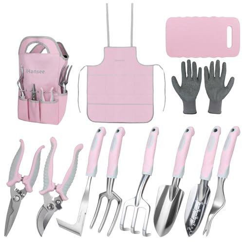 Pink Garden Tool Sets 12 Pieces, iHansee Aluminum Gardening Hand Tools with Non-Slip Handle, Kneeling Pad, Apron, Gloves and Organizer Bag, Landscaping Tools - Gift for Women & Garden Enthusiasts