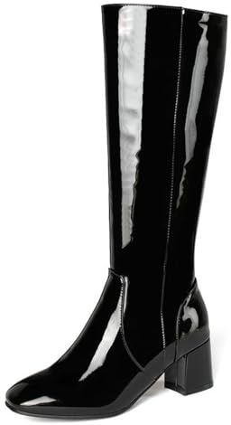 HXTYXCQ Mujer Tacón Grueso Medio Botas Largas Punta Cuadrada Botas Moteras con Cremallera Lateral Charol Botas hasta La Rodilla,Negro,38 EU