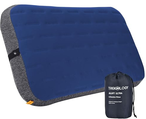 TREKOLOGY Camping Pillow - Large Inflatable (24x15) for Home-Like Comfort, Portable & Ergonomic, Easy to Clean, Durable & Leak-Proof, Removable Strap for Secure Fit – ALUFT Ultra (Blue)