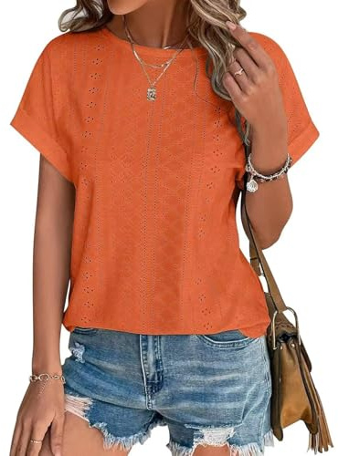 Kfnire Magliette Donna Manica Corta Maglietta con Ricamo ad Occhiello Girocollo Camicia Donna Estiva Tee Maglietta Casual T-Shirt Blusa Elegante Traspirante Tinta Unita Tunic Tops di Base