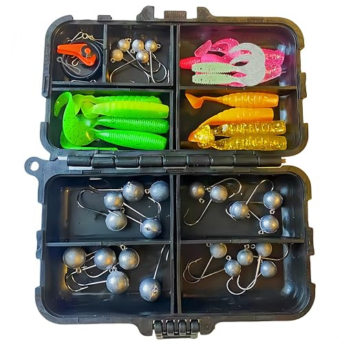 DAYUYUE 1g-5g 25 Micro Jigköpfe Set mit T Weichködern und Curly Tail Kunstködern inklusive 6 Angelzubehör und Köderbox für Süsswasser und Salzwasser