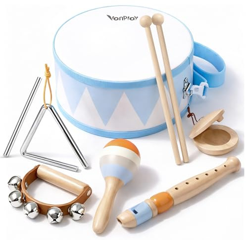 Musikinstrumente Kinder Trommel 6 in 1 Holzspielzeug Trompete Kindertrommel Montessori Spielzeug Baby Geschenk 2 3 4 Jahr Junge Mädchen