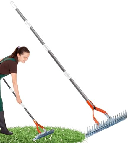 demaxiyad Strumento da giardino per rastrello a mano, rastrello in metallo di paglia | coltivatore a manico lungo regolabile in acciaio inossidabile | coltivatore di bar, attrezzi da giardinaggio