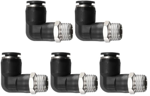 sourcing map 2pcs Push to Connect Tube Fitting 1/4 BSPT Male Thread x 8mm ID 90 Degree Pneumatic Quick Connect Air Fittings, Black