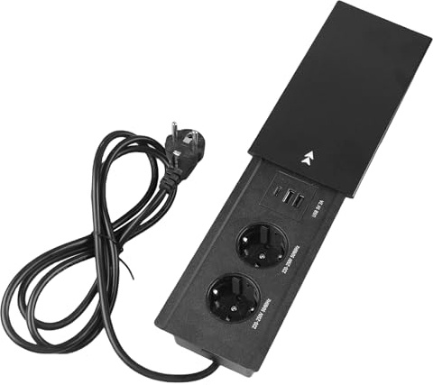 WIYETY Bordsuttag med lock: Aluminium bordsskiva försänkt uttag, inbyggt uttag med 2 uttag, 2 USB och typ C, infällt uttag med 1,8 m kabel för skrivbord kök kontor