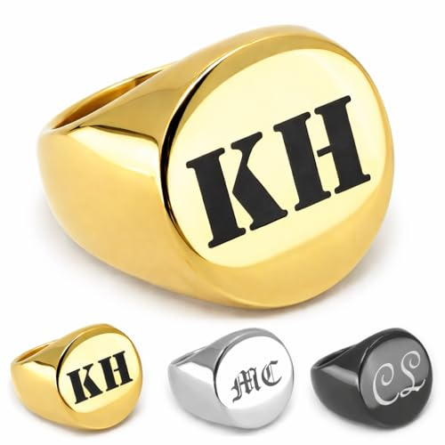 Generisch Personalisierter Edelstahl Siegelring Text, Monogramm Laser Gravur • Geschenkidee für Männer & Frauen • Ring in den Farben Gold, Silber oder Schwarz