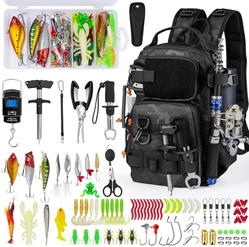 THKFISH Angelrucksack mit Rutenhalter, Angelwerkzeug-Set, wasserdichte Tasche mit Angelköder-Set, Angelausrüstungsbox und Zangen-Set für Männer und Frauen (Blackcamo)