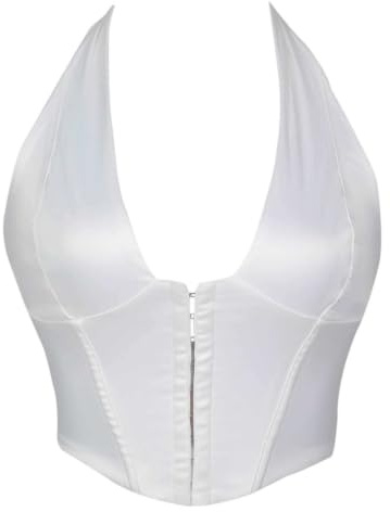 Satén Corsé Mujer Cuello Halter Crop Top sin Mangas Camisola Sexy Tank Top Fiesta Clubwear Lace Up Vendaje Chaleco Abdomen Top Bustier Y2K Camiseta Tirantes Espagueti Ropa de calle, O blanco., M