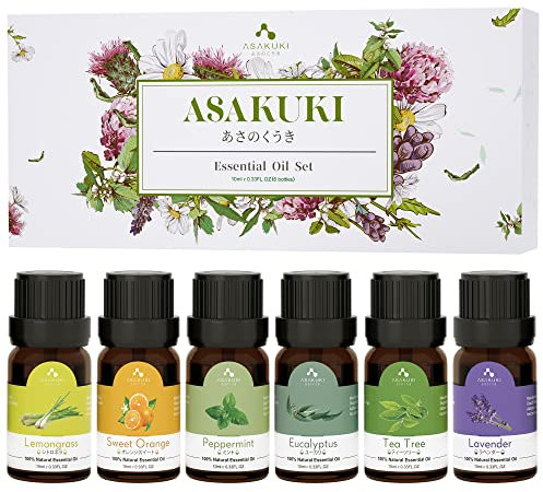 ASAKUKI Essential Oils for Diffusers for Home, Top6 Essential Oil Aromatherapy Gift Set 6 * 10 ml- Lavender, Eucalyptus, Lemongrass, Tea Tree, Sweet Orange, Peppermint