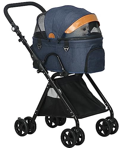 PawHut Pet Stroller, 2 in 1 Dog Carrier Foldable Cat Pushchair with 4 Wheels, Adjustable Canopy, Safety Leashes, Storage Basket for Miniature Small Dogs, Blue