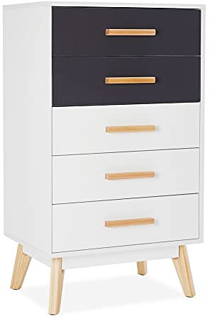 Meerveil - Commode - Meuble de Rangement à 5 Tiroirs Couleurs Combinable Style Nordique pour Chambre Salon, 55 x 40 x 96 cm, Blanc et Gris