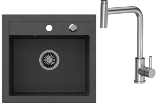 VBChome Handfat med kran 50 x 47 cm, svart, granit, tvättställ, enkeldiskbänk för kök, inbyggd diskbänk, kompositdiskbänk, spräcklig diskbänk, vattenkransarmatur