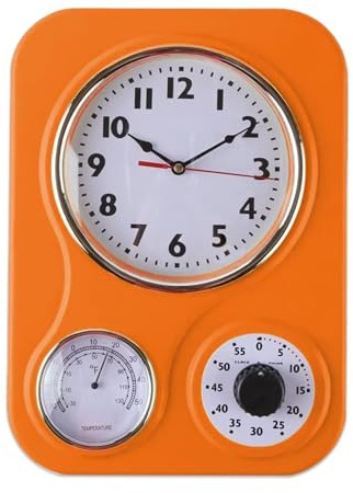Lily's Home - 9.5 Inch x 12.5 Inch - Retro Kitchen Wall Clock, Vintage Wall Clock with a Thermometer and 60-Minute Timer, Ideal for Any Kitchen, Office, or Diner (Orange)