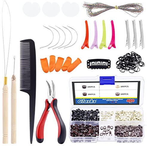 Glarks 574Pcs Kit Strumenti di Estensione Dei Capelli Compreso 4 Colori Micro Anello Links Perline, Micro Perline Pinza, Gancio Ago Pulling Loop, Pinza di Estensione Dei Capelli