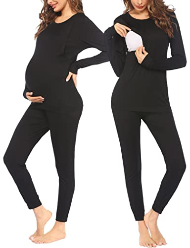 Ekouaer Ensemble Haut et Bas Vêtement Allaitement Femme Manches Longues Hiver Pyjama pour Accouchement Hôpital, Noir, M