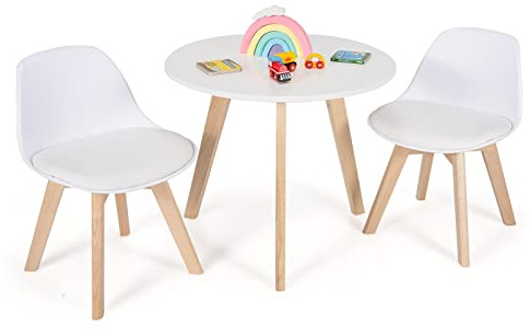 COSTWAY Set Tavolo e Sedie Bambini 3 Pezzi, Tavolino Rotondo per Bambini con 2 Sedie Imbottite, Mobili Cameretta per Bambini da 3 a 8 Anni