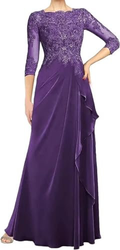 WSEYU Robes de mère de la mariée pour mariage manches longues 3/4 appliques en dentelle plissée robes de mère du marié encolure dégagée, violet, 60 plus