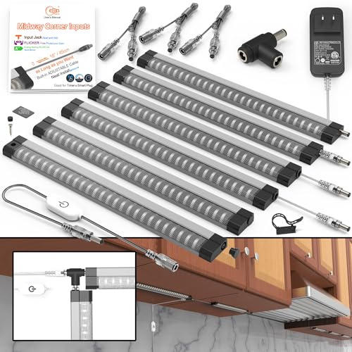 EBD LED Under Cabinet Lights Hardwired Built-in Adjustable Cable 6 Pcs Midway Input Under Counter Lights for Kitchen Sink Light 6500K 2700 Lm Super Bright for Closet Shelves Shelf Locker & Bookcase