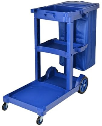 Kunststoff Putzwagen Reinigungswagen mit extra groß Tasche, Hausmeisterwagen mit 3 Regalen(Blue)