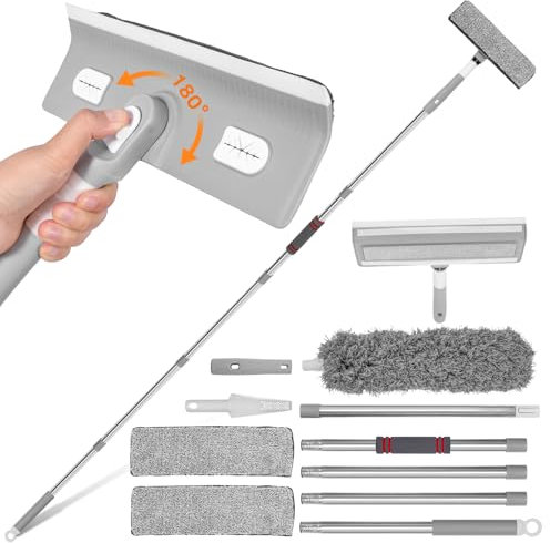 iulrtba Fensterreiniger mit Teleskopstiel 210cm, 3 in 1 Fensterwischer Set, Fensterputzer Teleskop mit 180° Rotationskopf & 2 Mikrofaserpads,Federwedel,Bürste Reinigen für Hohe Innen und Außenfenster