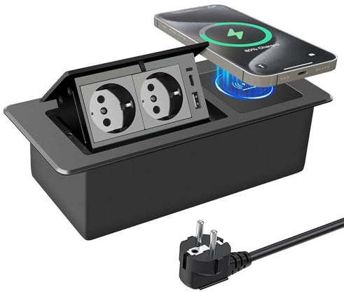 JACEPFY Prise de courant escamotable 2 prises encastrée PD20W charge rapide USB C prise de table avec chargeur sans fil 15W