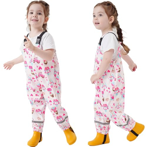 Fewlby Toddlers Waterproof Rain Bib Pants, Girls Rain Pants Kids Overalls Rain Trousers Lightweight Mud Pants Rainwear