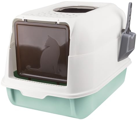 Bandeja para arena plegable para gatos con entrada frontal y salida superior, gran espacio, casa de baño para gatos con bandejas extraíbles + pala para arena 36 * 51 * 34 cm - Azul cielo