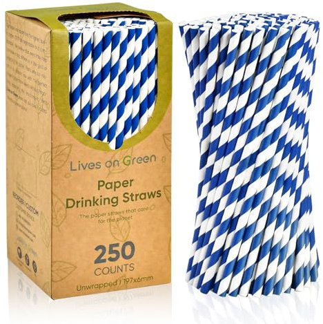 Lives on Green, pajitas de papel desechables, 19,7 cm x 0,6 cm, para bebidas normales, jugos, cócteles – Azul y blanco a rayas, 250 unidades