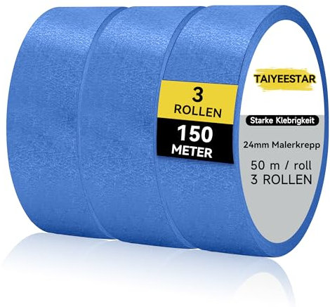 Taiyeestar Lot de 3 rouleaux de ruban adhésif pour peintre, 24 mm x 50 m, pour travaux de peinture et de rénovation, ruban de masquage pour peintre, ruban adhésif de peintre, ruban adhésif de peintre