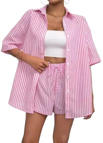 SHINROAD Casual Shorts Top Set Donna Due Pezzi Estate A Righe Button Down Camicia A Maniche Corte Coulisse Lounge Outfit Traspirante Rosa M