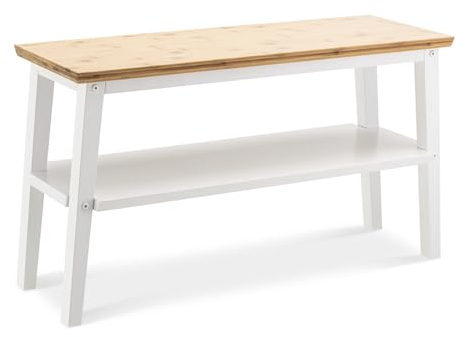 Kos Design Bambus Schuhregal- Elegante Schuhbank Lagerung- Geräumige Dual Regal Flur Schuh Lagerung Bank mit Sitz für Wohnräume, Eingang, Schlafzimmer- Glatte weiße hölzerne Schuhregal 2 Tier