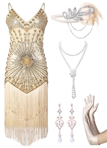 RRYIO Women's Flapper Dresses 1920s,Great Gatsby Dresses Sequin Fringe Cocktail Dress Roaring 20s Dress for Harlem (Gold Beige, S)