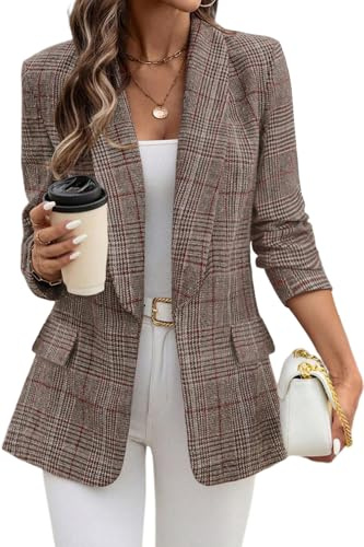 ELLEVEN Womens Casual Plaid Blazer Shawl Collar Long Sleeve Boyfriend Blazer Suit Houndstooth Plaid Blazer Dressy Coat Jacket Business Work Office Blazer Suits Chestnut Plaid Medium