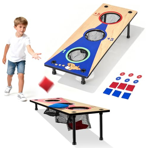 Pikasser Cornhole - Set per adulti e bambini, in legno MDF, con 2 tavole (66 x 25 cm) e 6 sacchi di sabbia e 6 rondelle, gioco da lancio per interni ed esterni, cortile