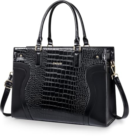 MOSISO 15,6 Pulgadas Impermeable Piel Cocodrilo PU Bolso Laptop | Bolso Tote Laptop para Mujer, Asa Top Bolsa Hombro con Cartera Mano, Gran Capacidad Bolsa de Trabajo para Profesores,Negro