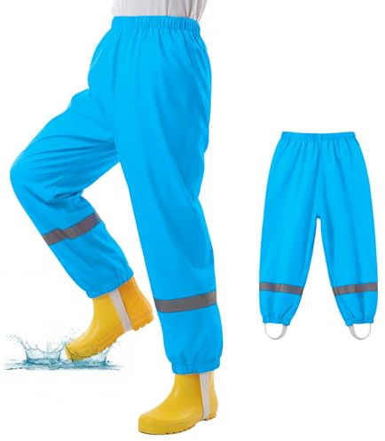 WUDEUI Waterproof Trousers Kids, Lightweight Rain Overtrousers for Boys Girls, Mud Proof Rainy Pants with Reflective Strip for Toddler Children Age 3-10 Years School Outdoor Play