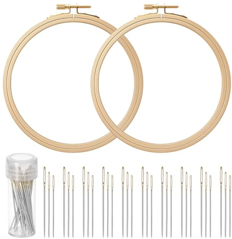 2PCS 6 Inch Embroidery Hoops Frames with 30PCS Embroidery Needle, Round Imitated Wood Cross Stitch Hoop Rings, Hanging Embroiderys Frame Hoop, Circle Display Frame Kits for Embroiderys DIY Ornament