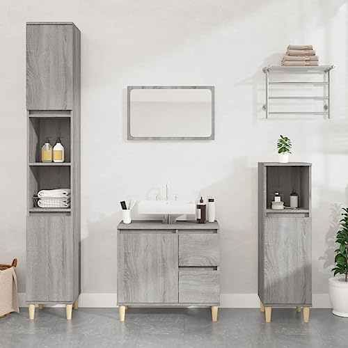 Traylux 3-TLG. Badrumsmöbelset grå Sonoma, träbaserade material med tvättställ och förvaringsutrymme, eleganta badrumsmöbler med väggmontering, inklusive underskåp, högskåp och lådor, perfekt för