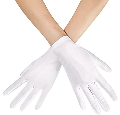 Lansian Womens White Gloves Short Satin Stretchy Gloves Wrist Length Dancing Bridal Gown for 1920s Wedding Opera Party Adult Size