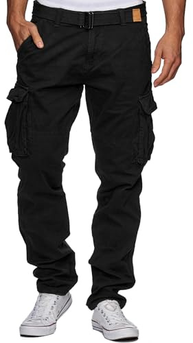 Indicode Herren William Cargohose aus Baumwolle m. 7 Taschen inkl. Gürtel | Lange Regular Fit Cargo Hose Baumwollhose Freizeithose Wanderhose Trekkinghose Outdoorhose für Männer Schwarz XXL