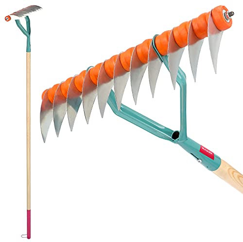 KADAX Vertikutierer, 168cm Handvertikutierer mit Holzsteil, Schneidrechen mit Stahlklinge, Rasenlüfter für Garten, Beete und Rasen, Kultivator, Gartenzubehör