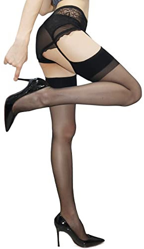 HTRUIYATY Damen Sexy Strapsstrümpfe mit Spitze Strapse Oberschenkel Öl Glänzende Seidig Stockings 8 Denier Schwarz