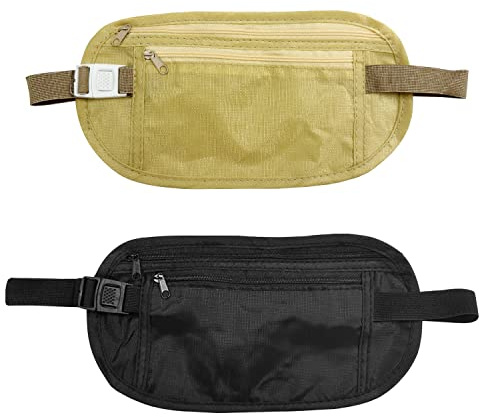 2 Cinturones de Dinero Ocultos, riñonera de Seguridad antirrobo, riñonera Deportiva, cinturón Ajustable, riñonera de Viaje Impermeable para Pasaporte, Dinero en Efectivo (Beige, Negro)