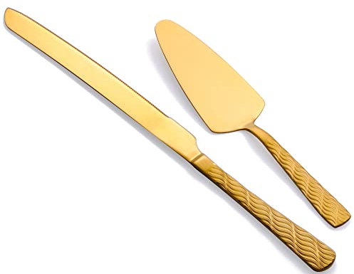 FULLYWARE Set per Tagliare Torte Dorate, Coltelli e Server in Acciaio Inossidabile, Taglierina per Crostate - Matrimonio, Compleanno, Festa