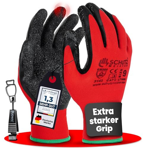 schutzmeister 24 Paar Premium Latex Paar Arbeitshandschuhe Herren - Größe 9/L - Schutzhandschuhe mit flüssigkeitsabweisender Beschichtung, feines Tastgefühl, Handschuhe für Privat & Gewerbe