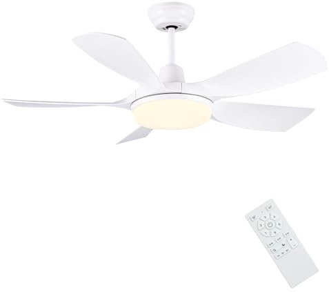 Newday 42 White Ceiling Fan with Remote Control, Dimmable LED, Reversible 5 Blades, Quiet DC Motor, 6 Speeds, Memory Function for Bedroom, Living Room, Patio