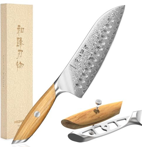 HEZHEN Acciaio Damasco Coltello Santoku, Stile Giapponese Coltello da Cucina,Professionale Damasco 73 Strati, Coltello da Chef Mango de Madera de Olivo